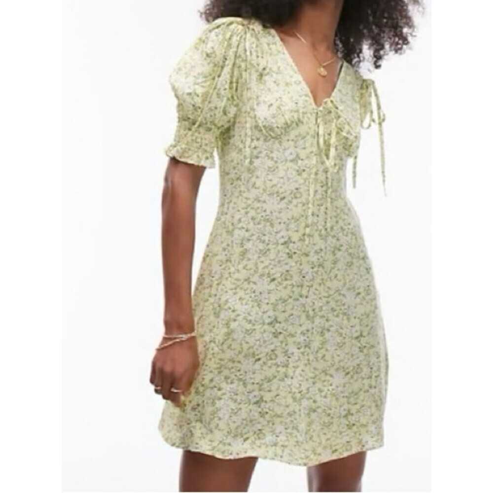 Topshop Yellow Floral Mini Dress Flutter Sleeve Tie Accent Size 4 Cottagecore
